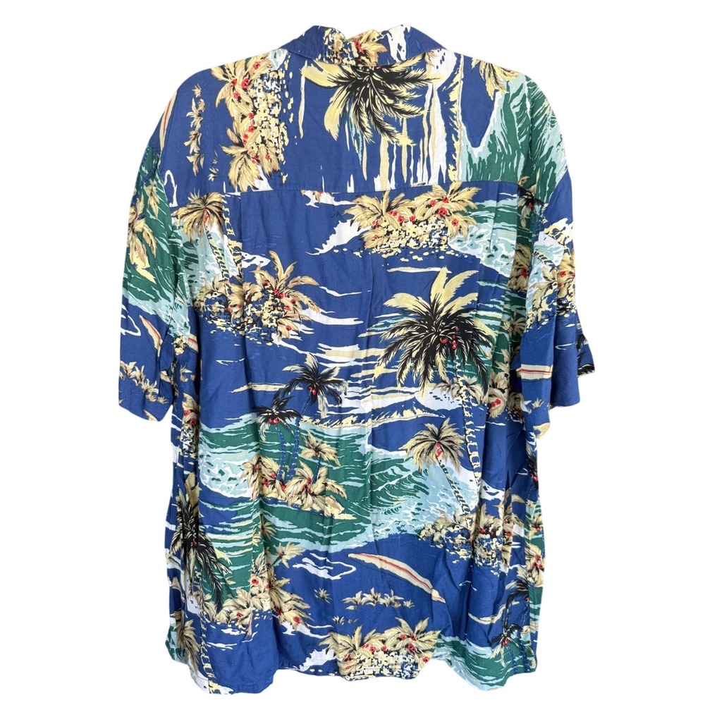 Island Fever Mens Large Blue Tropical Palm Tree Rayon Short Sleeve Aloha Shirt